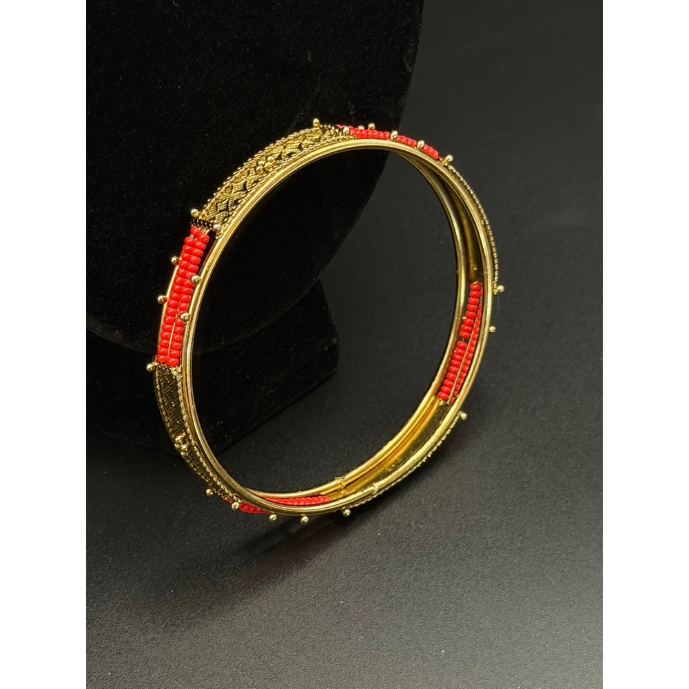 Ornate Gold Tone Coral Seed Bead Statement Bangle Bracelet
